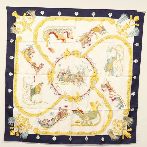 HERMES Carre 90 Scarf ""Plumes et Grelots"" Silk Navy - Picture 13 of 14